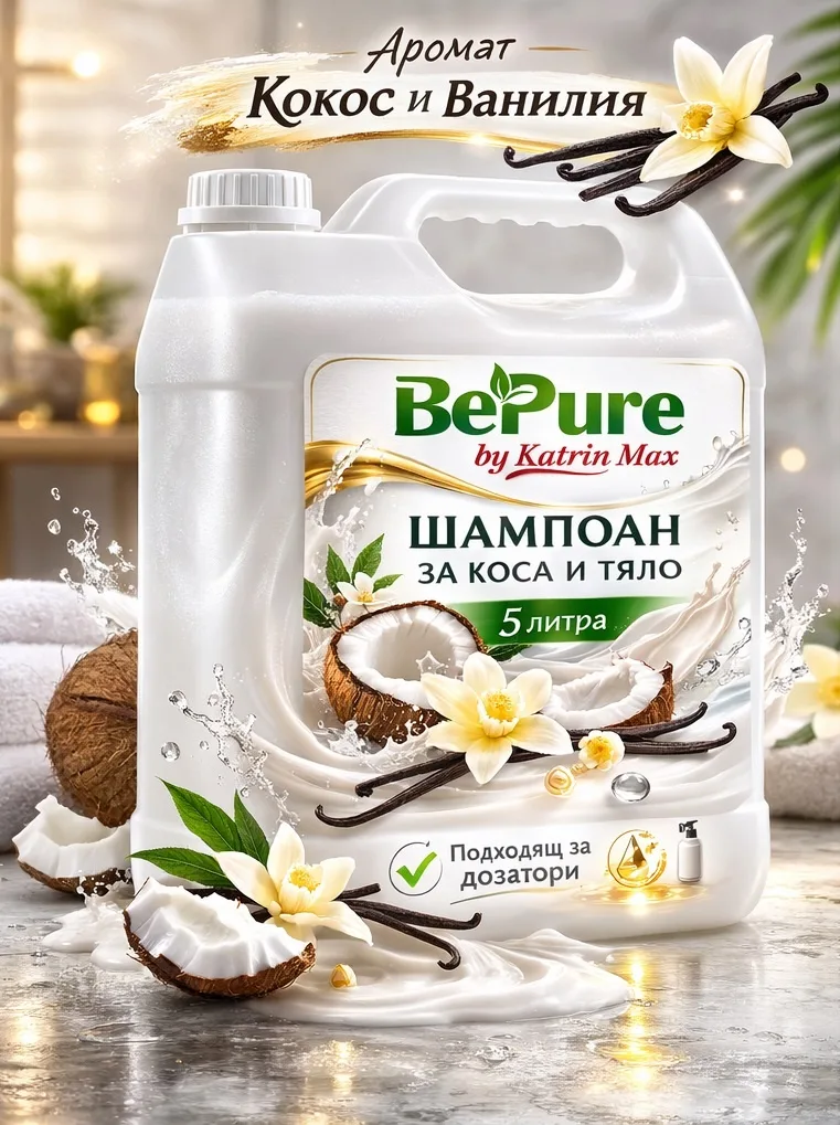 Шампоан Лукс BePure за дозатори с кокос и ванилия, 5 л