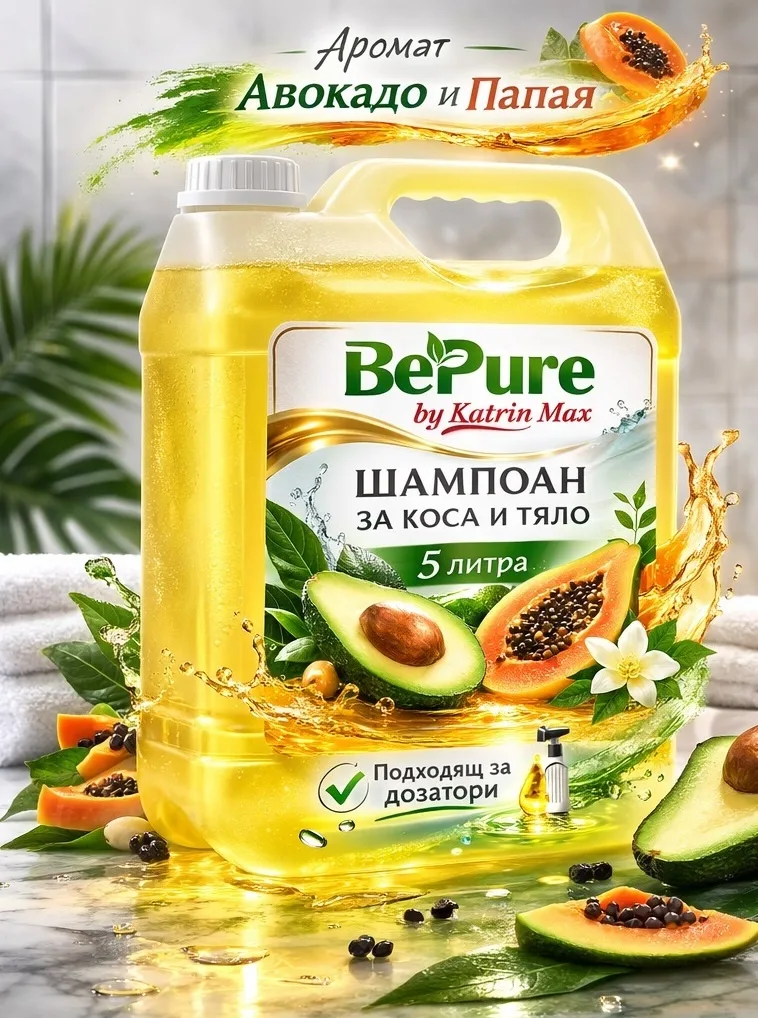 Премиум шампоан BePure за дозатори с авокадо и папая, 5 л